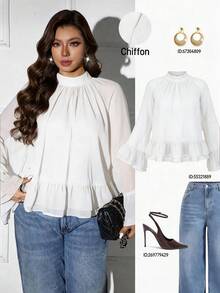 Femmeverse Blusa casual de manga larga con volantes en capas para mujer de talla grande, elegante para días festivos - Blanco - Ver 6