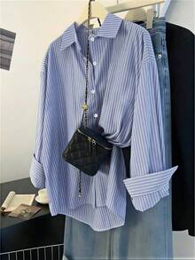 EMERY ROSE Plus Size Women Linen Striped Dopamine Vacation Blue Shirt - Multicolor - View 1