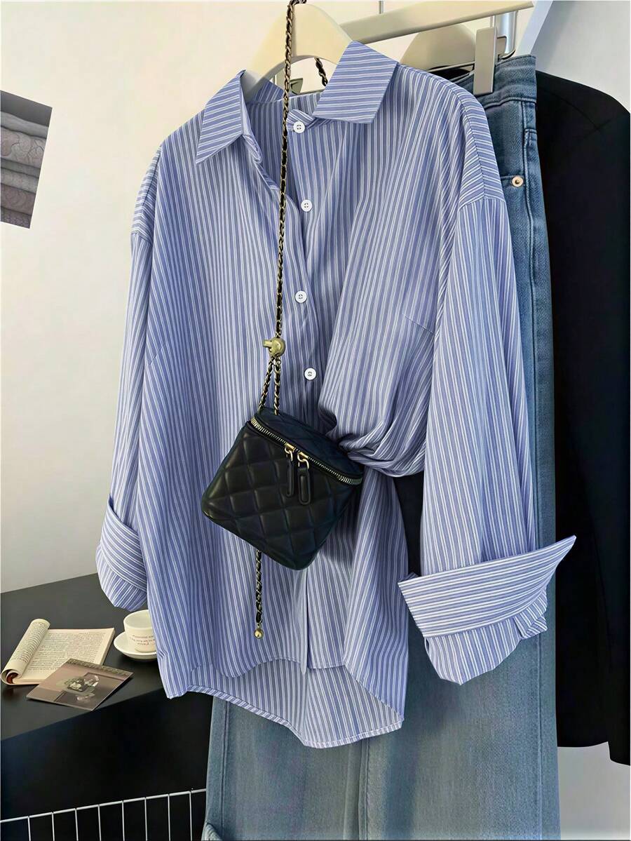 EMERY ROSE Plus Size Women Linen Striped Dopamine Vacation Blue Shirt - Multicolor - View 1