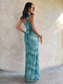 Aloruh Women's Elegant Sexy Mesh Printed Dress - Teal Blue - View 2