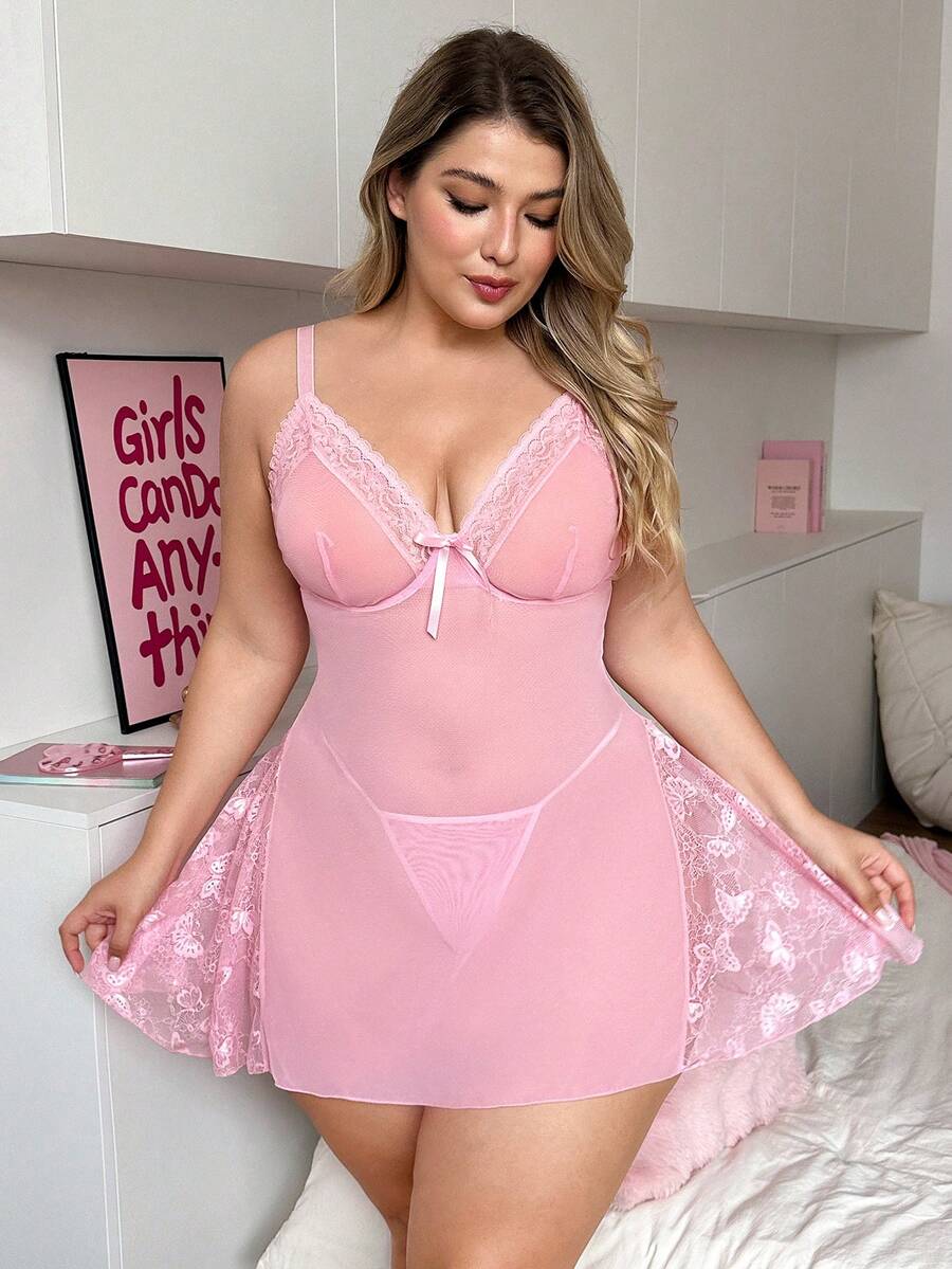 Bộ đồ lót gợi cảm cỡ lớn 2 món với lưới phối ren tương phản và gọng nâng ngực. - Hồng - Xem 1