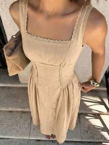 Siren Gaze Women's 100% Cotton Sleeveless Elegant Solid Color Square Neck Flared Midi Dress,Casual Summer Splice Lace Trim Hem Tea Party Old Money Chic Outfits - Camel - View 11