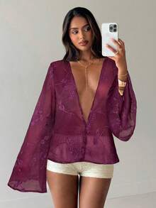 Aloruh Women's Deep V-Neck Floral Embroidery Pattern Casual Versatile Daily Wear Shirt,Summer Top - Burgundy - View 3