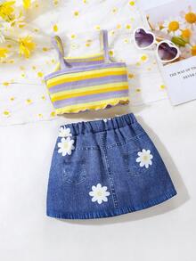 女婴吊带条纹荷叶边休闲背心套装，夏季 - 彩色 - 查看 2