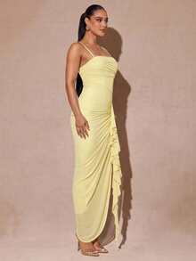 Silquee Elegant Pale Yellow Summer Seductive Party Dress, Ruffle High Slit Maxi Cami Bodycon Dress For Women,Valentine's Day,Date,Wedding Guest,Prom - Light Yellow - View 5