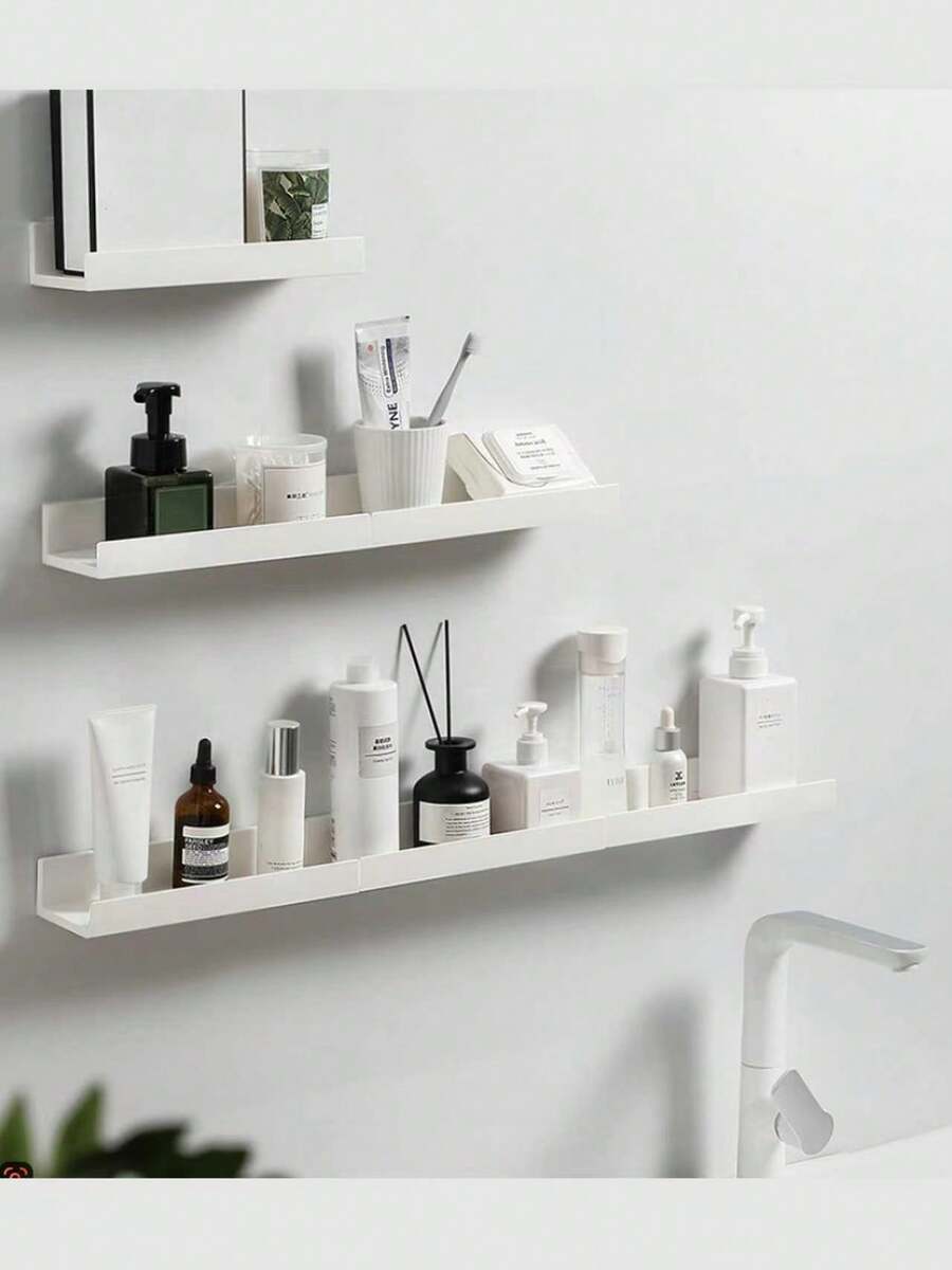 1PC/2PCS Storage Rack, Bathroom Shelf Wall Mounted Shower Caddy, No-Drill Adhesive Thick White Storage & Bathroom Display Shelf Bathroom - Multicolor - View 1