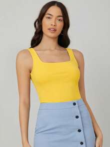 SHEIN BASICS 方领纯色背心 - 黃色 - 查看 5