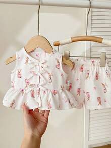 Neugeborenes Baby Mädchen Urlaubs Lässig süßes rosa & weißes gestreiftes Schleife Dekor Trägertop & Shorts Set - Verschiedenfarbig - Übersicht 6