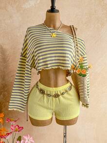 Soleia Bộ đồ thể thao nữ đi nghỉ mát, kiểu dáng bất đối xứng, gồm áo và quần short kẻ sọc. - Màu vàng - Xem 3