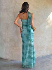 Aloruh Women's Elegant Sexy Mesh Printed Dress - Teal Blue - View 5