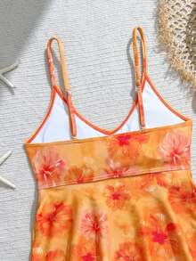 SHEIN 少女碎花印花吊带背心式泳衣上装和三角吊带式泳裤两件套，适合夏季度假 - 橘色 - 查看 5