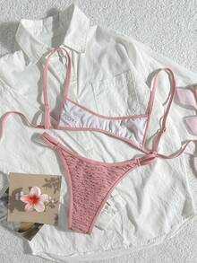 Swim Mod 夏季女士两件套沙滩装，纹理面料吊带露脐吊带上衣，后背交叉设计，搭配高腰比基尼泳裤，女童泳装 - 粉色 - 查看 2