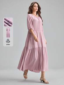 Ontre 亚麻女士舒适柔软桃花褶皱面料修身插肩袖露肩系带A字连衣裙，优雅休闲，适合邮轮度假、都市通勤、办公室穿着，四季皆宜，百搭夏季连衣裙，轻盈透气，适合波西米亚风度假、海滩度假、乡村音乐会、西部风情、游牧休闲等各种场合。 - 粉色 - 查看 5