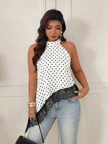 Femmeverse Plus Size Women's Fashionable Polka Dot Halter Neck Asymmetrical Ruffle Hem Sleeveless Top - White - View 3