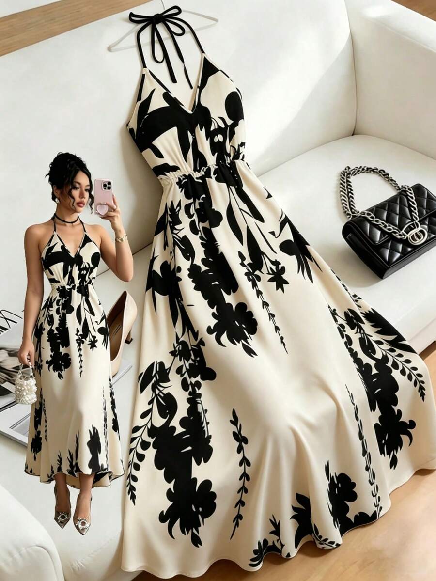 SHEIN Franclia Đầm nữ cổ chữ V, không tay, hở lưng, thắt eo, nơ, chất liệu vải dệt in kỹ thuật số, dáng chữ A, phù hợp mặc hàng ngày và đi nghỉ mát biển. Đầm hè nữ phong cách Boho, trang phục đi biển, trang phục nghỉ dưỡng, đầm đi nghỉ mát, trang phục mùa hè cho nữ, đầm đi biển. - Nhiều màu - Xem 1