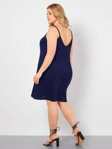 SHEIN BASICS Váy Cami trơn Plus, thích hợp cho bữa tối, hẹn hò. - Màu xanh hải quân - Xem 2