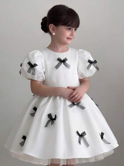 SHEIN Young Girl Woven Solid Color Round Neck Puff Sleeve Casual Dress