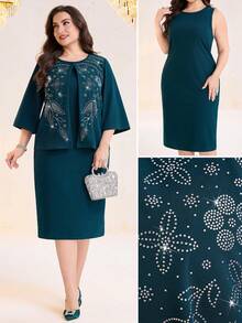 Modelyn Conjunto de chaqueta con mangas acampanadas y vestido ajustado sin mangas con adornos de flores y rhinestones para mujer de talla grande, adecuado para fiestas, oficina, aeropuerto, viajes, reuniones familiares, banquetes y atuendo de negocios - Azul - Ver 2