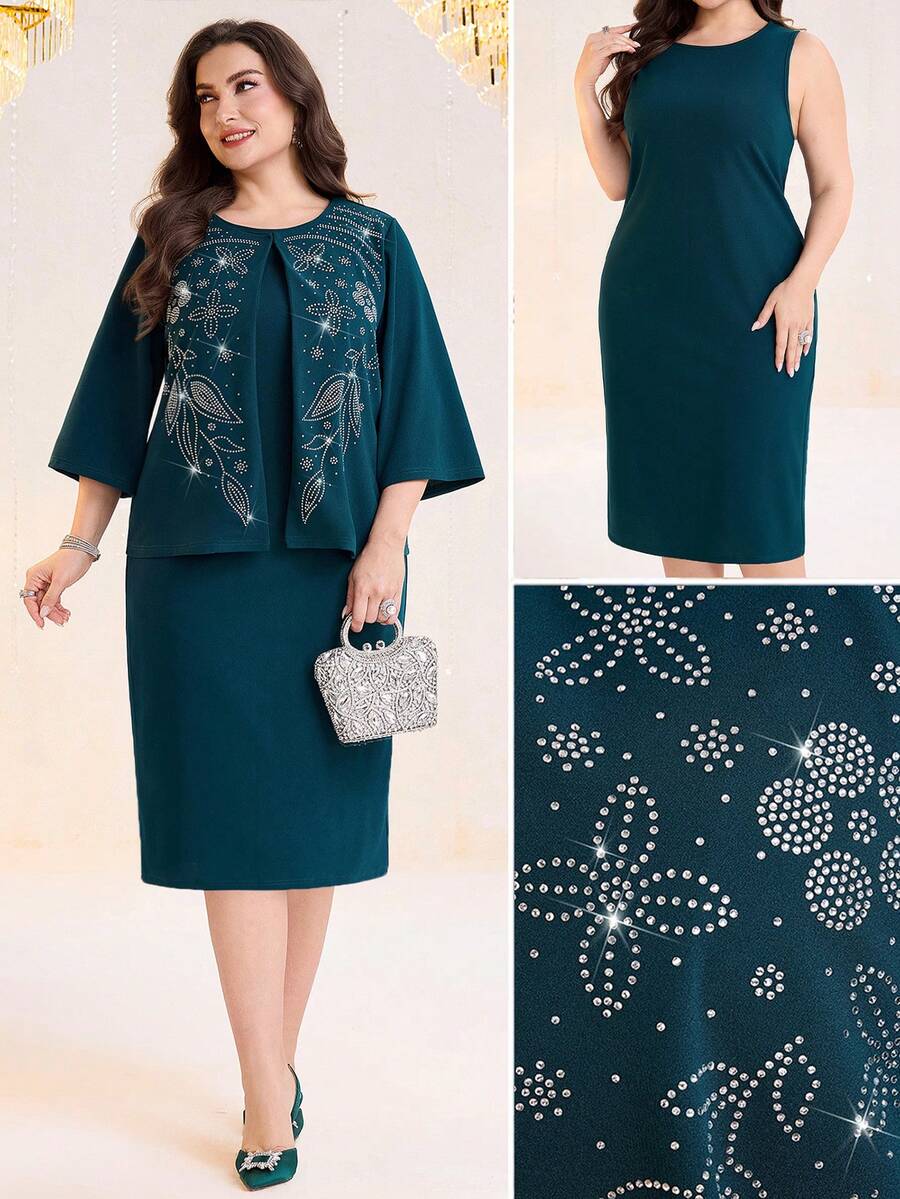 Modelyn Conjunto de chaqueta con mangas acampanadas y vestido ajustado sin mangas con adornos de flores y rhinestones para mujer de talla grande, adecuado para fiestas, oficina, aeropuerto, viajes, reuniones familiares, banquetes y atuendo de negocios