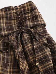 Sweetra Women's Plaid Print Asymmetric Hem Casual Short Skirt, Spring/Summer/Autumn - Coffee Brown - View 7