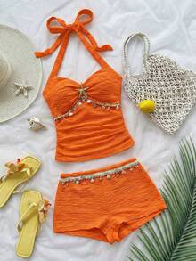 Conjunto de 2 piezas de top halter sin espalda y shorts, conjunto de ropa para vacaciones - Naranja - Ver 4