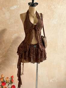 Soleia Bộ đồ 2 món kiểu vintage mới, gợi cảm: áo hai dây buộc cổ ren xếp nếp và chân váy ngắn cạp thấp xếp ly, thích hợp cho tiệc tùng, hẹn hò, hộp đêm, bãi biển, du thuyền, trà chiều, phong cách Bohemian, Boho, kỳ nghỉ, trang phục mùa thu cho nữ, vintage. - màu nâu - Xem 4