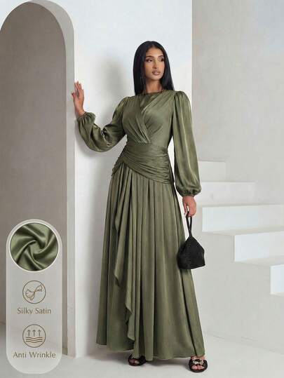 Veilorie Women Solid Color Round Neck Lantern Sleeve Waist Cross Abaya Dress,Modest