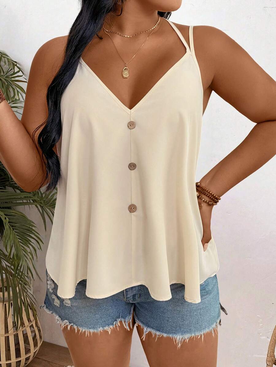 EMERY ROSE Blusa de uso diario versátil y casual de unicolor para mujer talla grande - Albaricoque - Ver 1