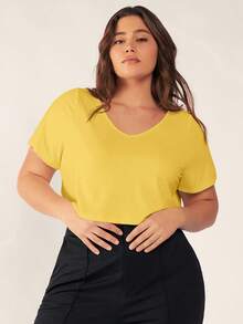 SHEIN BASICS 大码纯色V领短袖休闲夏季百搭T恤 - 黃色 - 查看 5