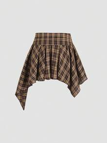Sweetra Women's Plaid Print Asymmetric Hem Casual Short Skirt, Spring/Summer/Autumn - Coffee Brown - View 2