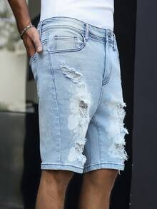 Manfinity EMRG Men's Casual Street Style Printed Distressed Blue Denim Shorts - Light Wash - View 3