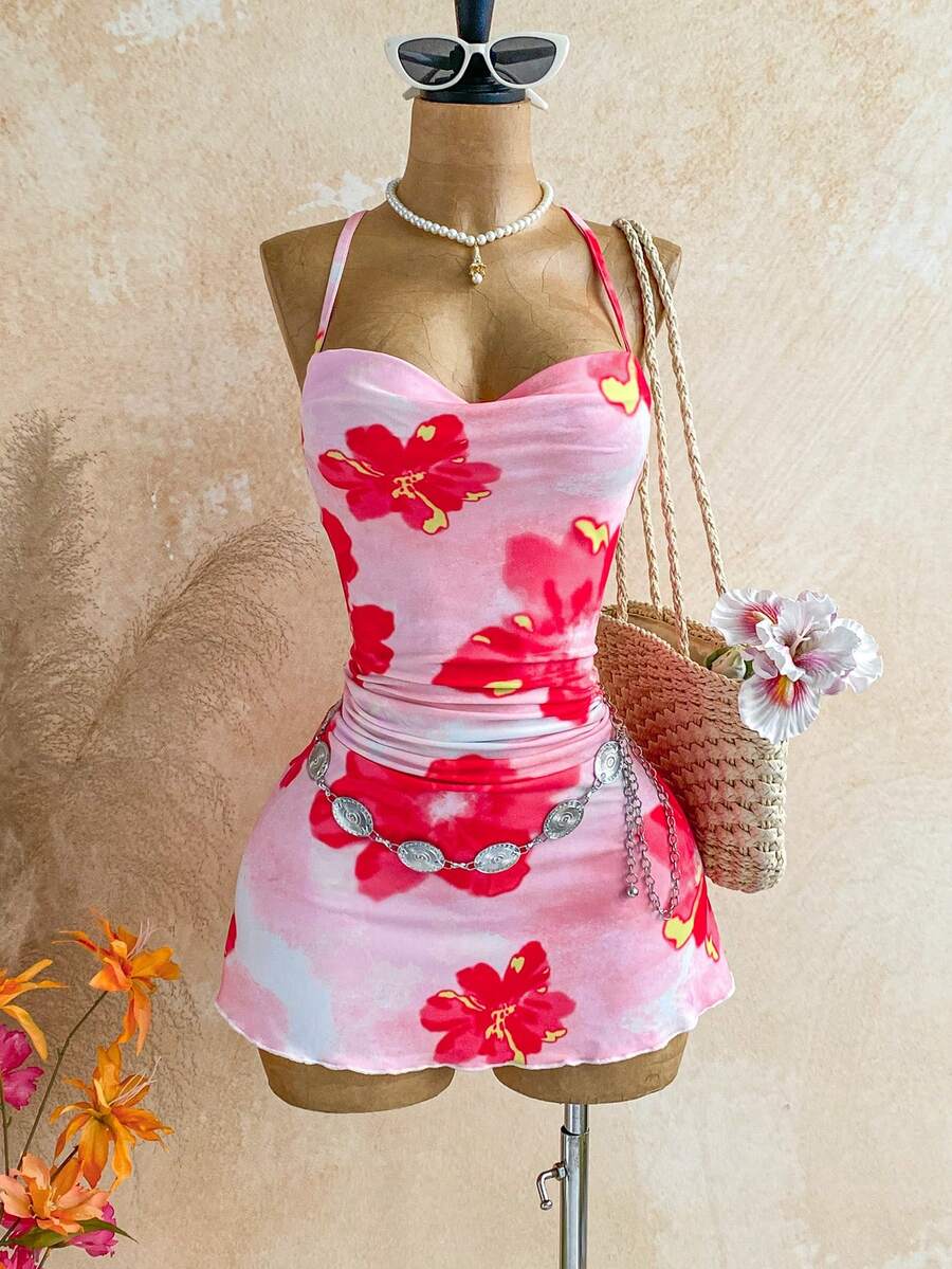 Soleia 假日休闲红色水彩花卉夏季度假垂褶领吊带连衣裙 - 紅色 - 查看 1