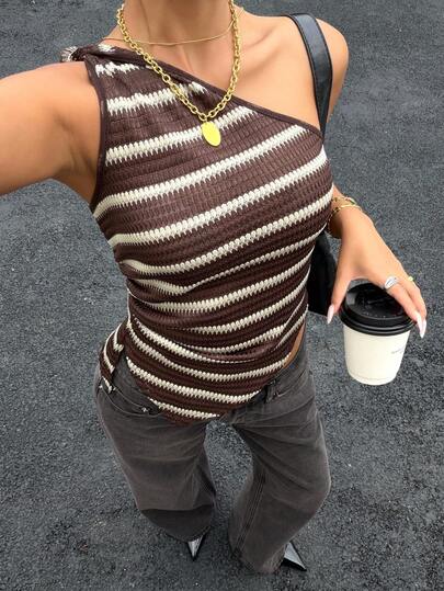 Siren Gaze Retro Brown Striped One-Shoulder Knit Vest For Women, Sexy Sleeveless Fitted Top With A European And American Style, New Spring/Summer Korean Style Hot Girl Off-Shoulder Base T-Shirt, Versatile Camisole, Suitable For Everyday Outings And Dates.