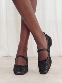 2025年秋季大码女式方头蕾丝拼接玫瑰图案户外休闲派对透气镂空平底乐福鞋，百搭，芭蕾平底鞋，玛丽珍鞋 - 黑色 - 查看 4