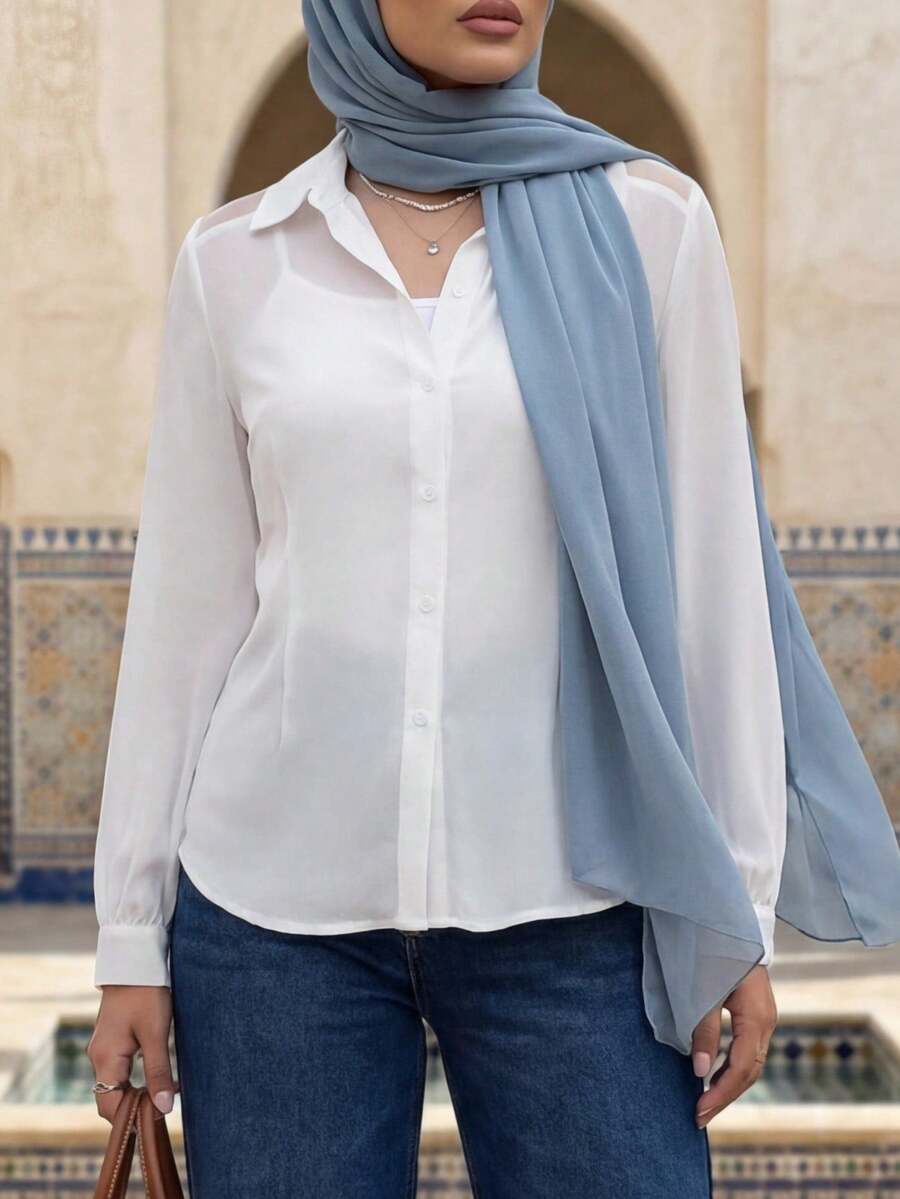 Calvaya Camisa básica transparente lisa y sencilla con cuello, blusa de manga larga para otoño para mujer en color blanco - Blanco - Ver 1