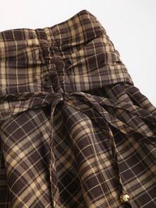 Sweetra Women's Plaid Print Asymmetric Hem Casual Short Skirt, Spring/Summer/Autumn - Coffee Brown - View 4