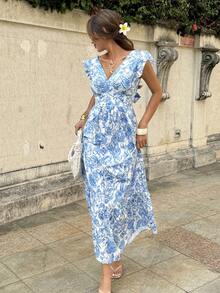 Pariaura 女士优雅法式露背系带喇叭袖白色底蓝色叶子花卉印花连衣裙，适合夏季度假 - 藍色 - 查看 5