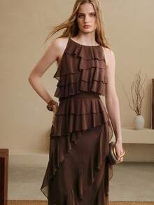 Arave Đầm dự tiệc thanh lịch dành cho nữ, chất liệu chiffon, cổ thuyền, viền bèo nhún, eo thắt. - màu nâu - Xem 1