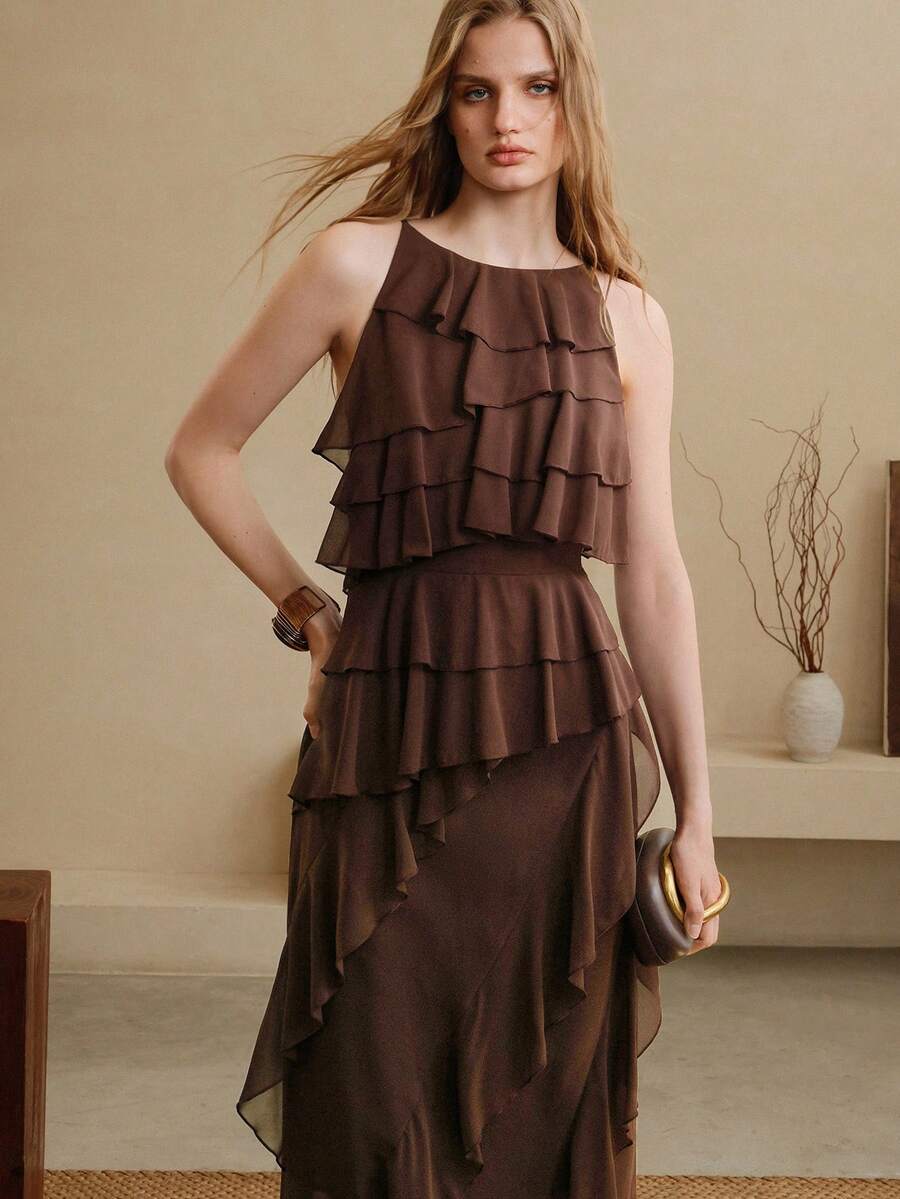 Arave Đầm dự tiệc thanh lịch dành cho nữ, chất liệu chiffon, cổ thuyền, viền bèo nhún, eo thắt. - màu nâu - Xem 1