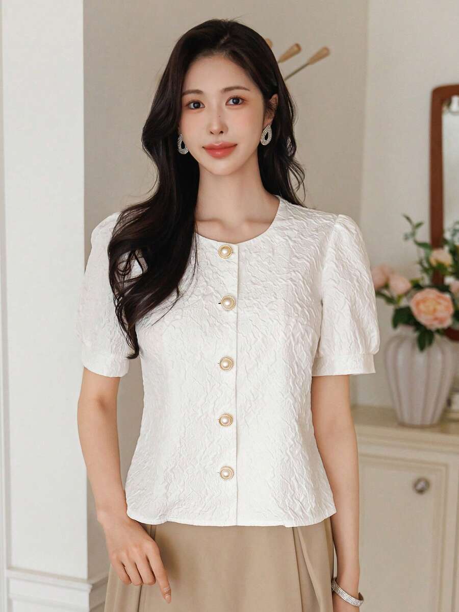 DAZY Women's Casual Elegant Textured Fabric Short Sleeve Shirt, Spring & Summer - White - View 1
