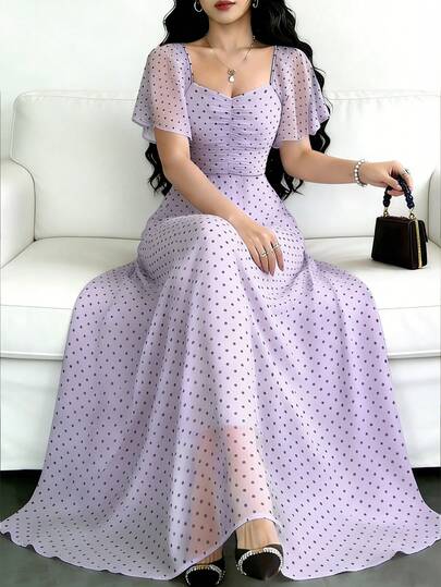 Modelyn 波点印花时尚方领短袖浅紫色女士简约连衣裙，夏季收腰长款优雅连衣裙，适合夏季度假和日常穿着。