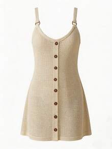 Swim Lushoire Women's Summer Vacation Beach Solid Color Textured Fabric High Stretch Sleeveless Button Decor White Cover-Up Dress - Apricot - View 7