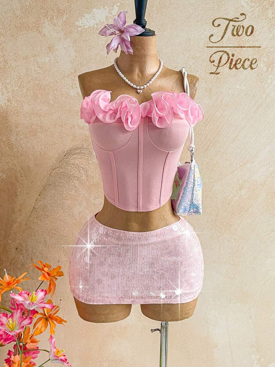 Soleia 女士度假休闲两件套：粉色3D立体花卉修身针织上衣+低腰亮片迷你裙，适合海滩、邮轮和假日穿着 - 粉色 - 查看 1
