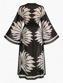 Swim Lushoire Áo choàng kimono đi biển dành cho nữ, chất liệu lưới, in kỹ thuật số, tay loe, eo chun, có dây rút. - Nhiều màu - Xem 7