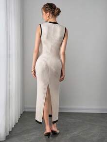 Momance Sleeveless Round Neck Maternity Dress With Metal Waist Buckle, Fitted Silhouette, Back Slit, Color Blocking - Apricot - View 2
