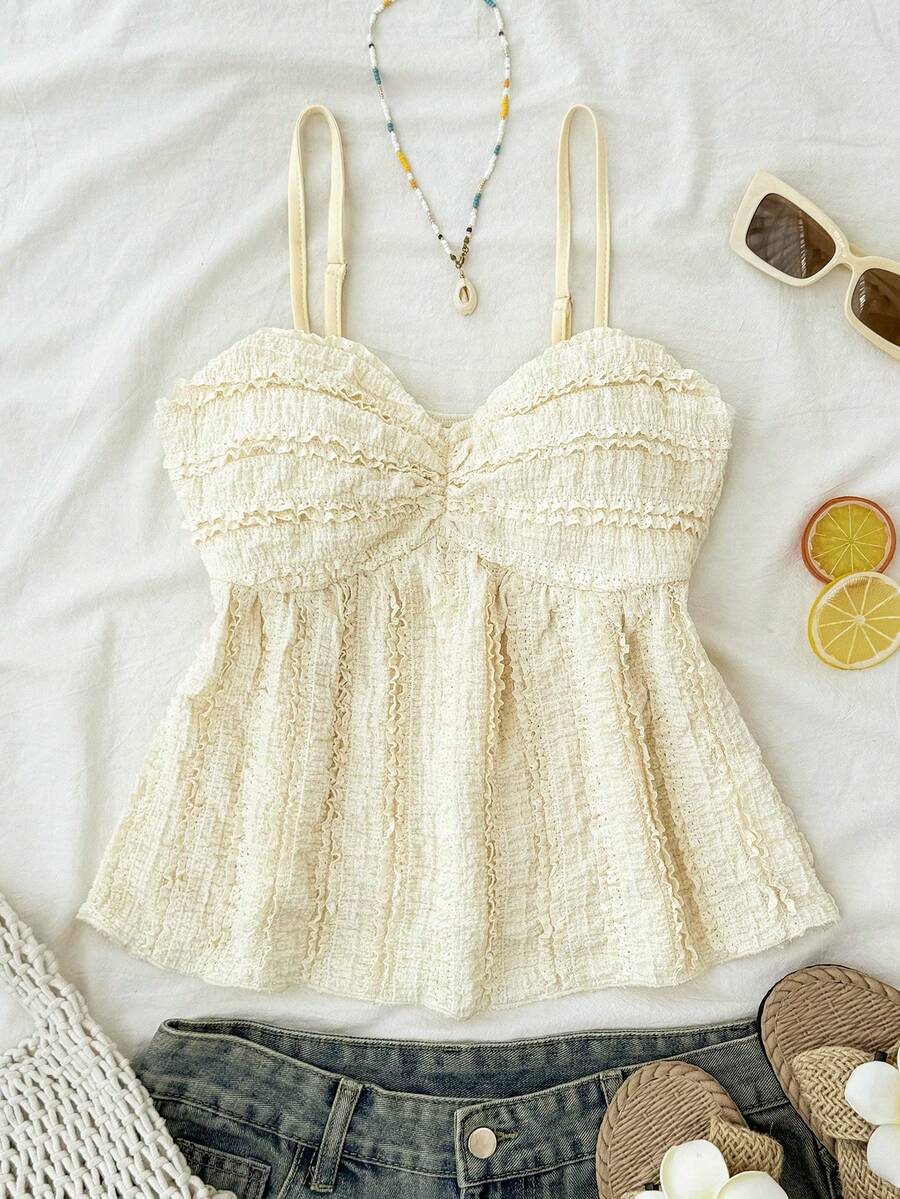 SHEIN Áo hai dây dệt kim màu vàng kem, kiểu dáng thường ngày, thích hợp cho nữ tuổi teen, thích hợp cho kỳ nghỉ hè. - Màu vàng - Xem 1