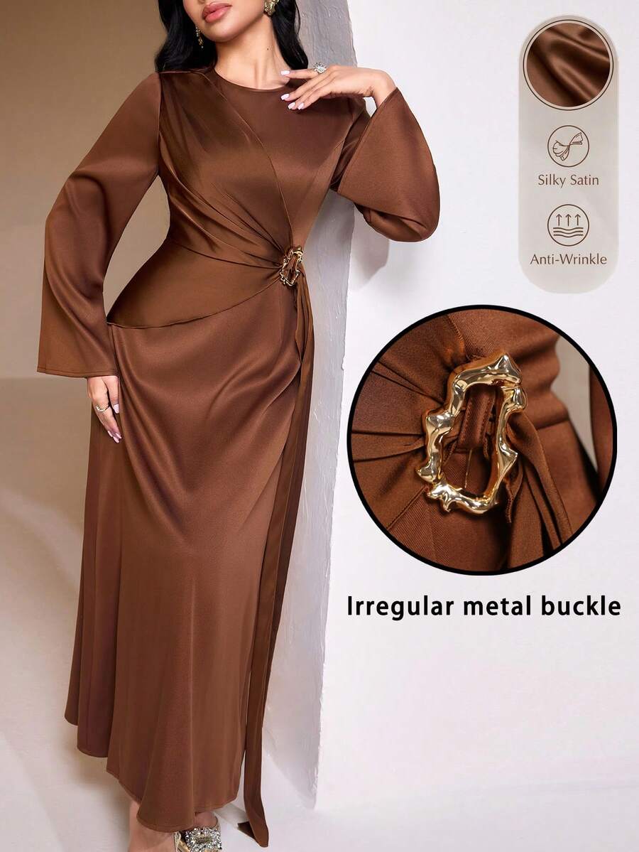 Veilorie 女士纯色圆领金属环装饰优雅长袖连衣裙 - 棕色 - 查看 1