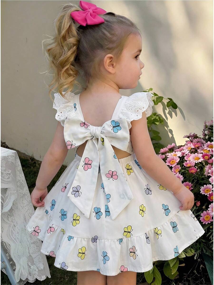 LMoss Kids LMoss Baby Girl White Summer Cute Birthday Dress,Butterfly Pattern Square Neck Ruffle Hem Casual Dress,Fleurora Elegant Spring Outfits For Toddlers - Multicolor - View 1