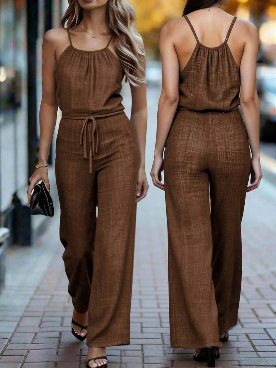 SHEIN Holidaya Women's Fashion Loose Jumpsuit Maillard Style Summer Brown Breezy Checks Season Clothes For University - Mocha Brown - View 1