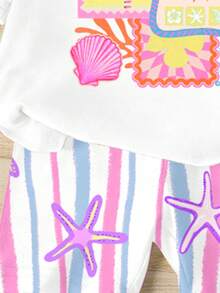 SHEIN 小女孩棕榈树印花短袖T恤和短裤休闲套装 - 白色 - 查看 4